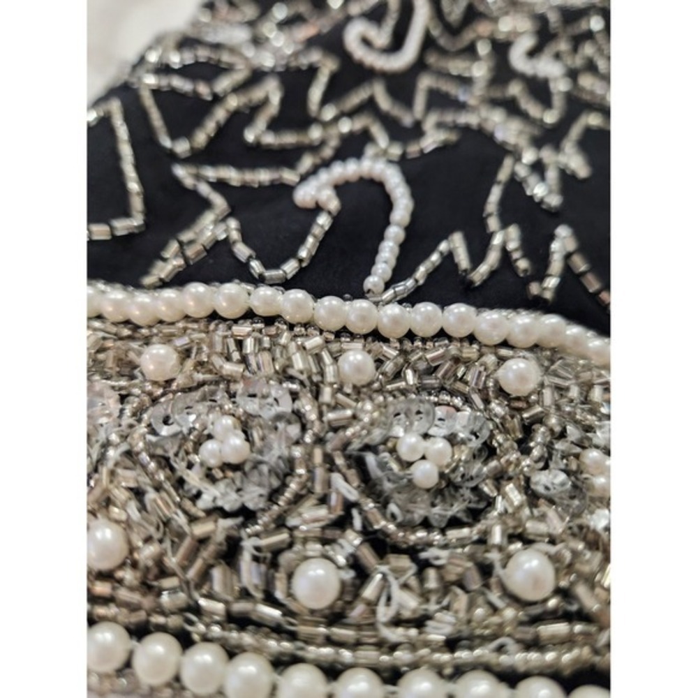 Laurence Kazar Beaded Pearls Evening Top 100% Silk Black White Size XL Tunic Vtg - Picture 10 of 11